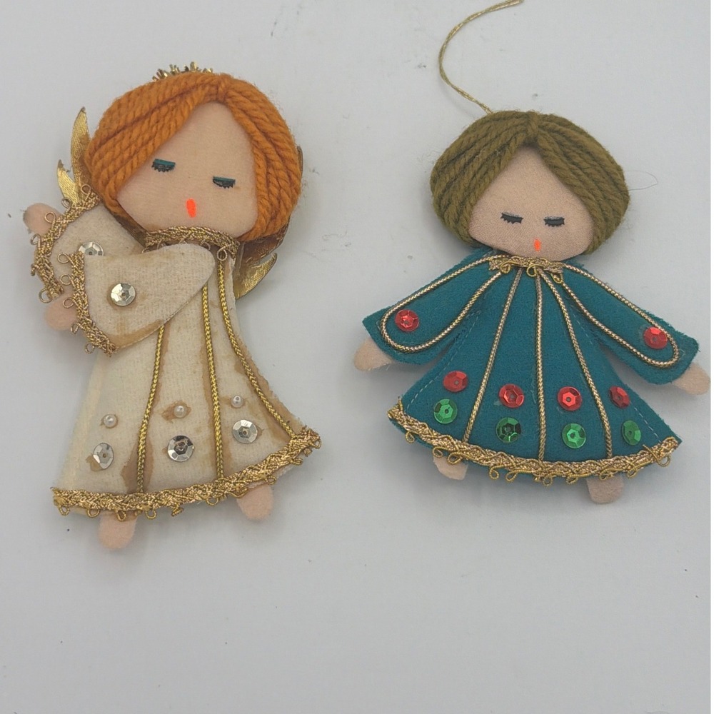 Vtg Handmade Felt Sequin Christmas Ornaments Pair MCM Kitsch Angel & Choir Girl